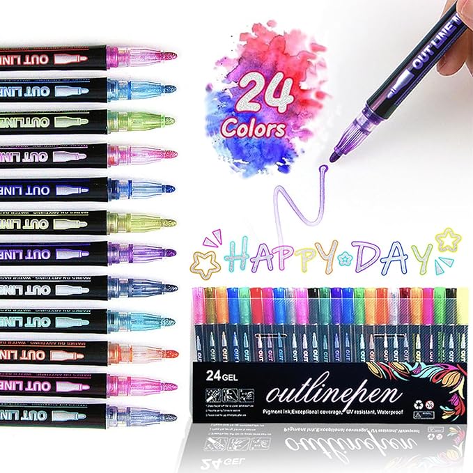 A Marcadores Punta de Pincel 24 Pack, Bolígrafo de Doble Línea Resaltadores para Pintar, Colorear, Dibujar, Hacer Carteles.