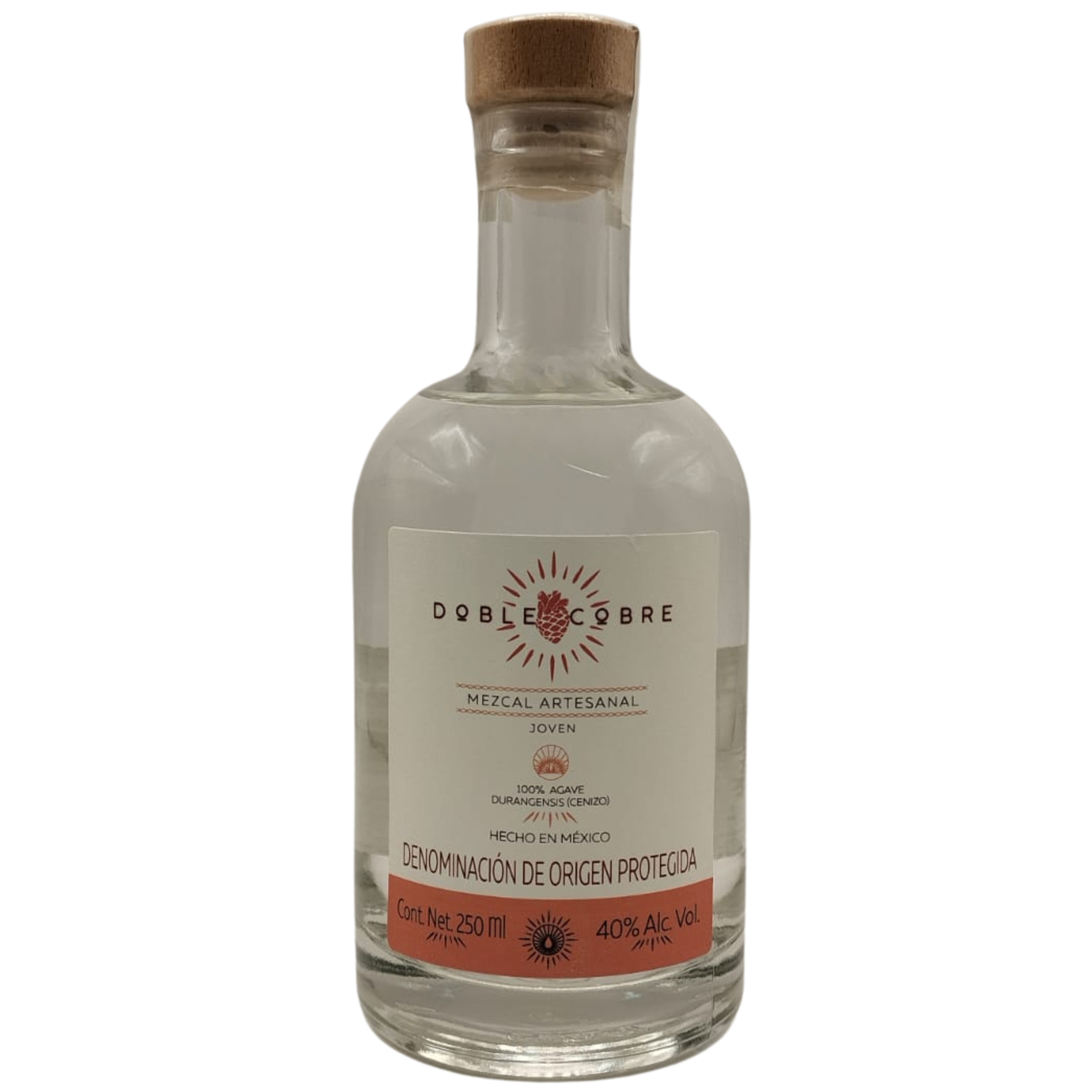 DOBLE COBRE | 1 Botella de 250 ML | Mezcal Premium | Joven 100% Agave Cenizo DURANGENSIS | 40% Grados de Alcohol.