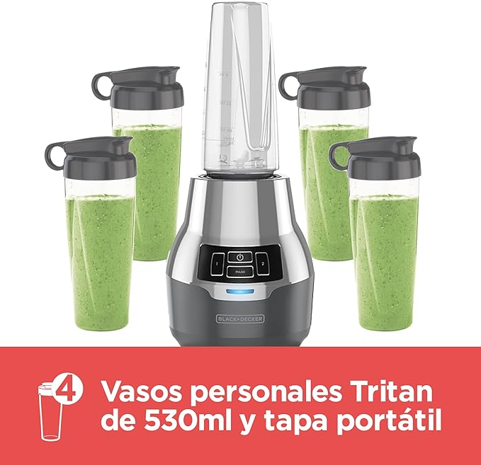 A Licuadora BLACK+DECKER Personal Menos ruidosa. 4 vasos personales.