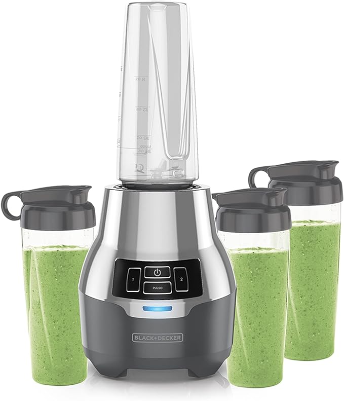 A Licuadora BLACK+DECKER Personal Menos ruidosa. 4 vasos personales.