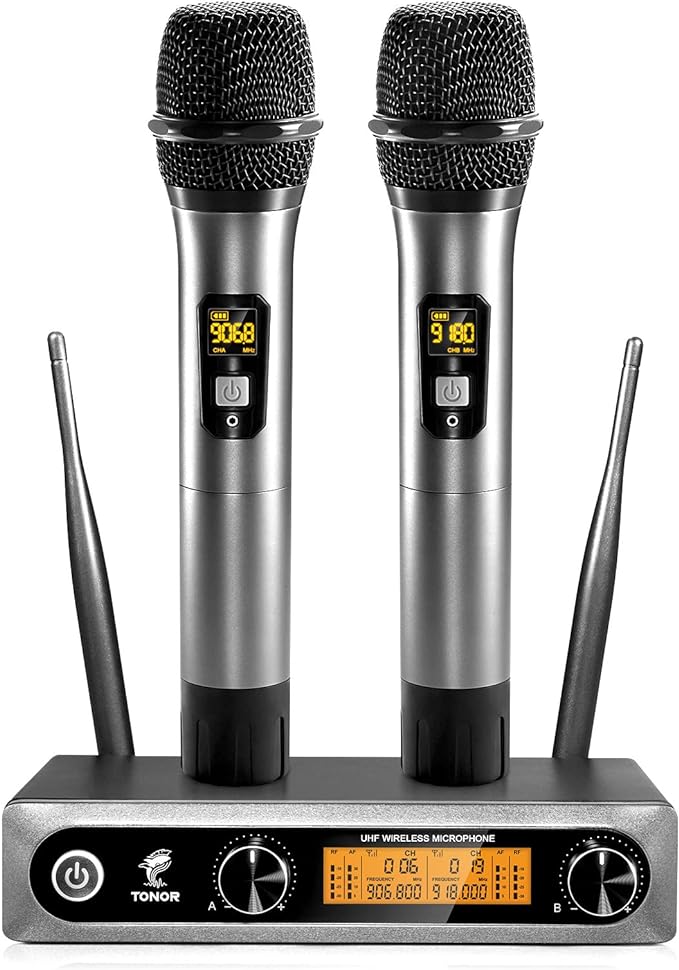 A TONOR Micrófono Inalámbrico Dual Sistema de Micrófono Inalámbrico de Mano Profesional UHF, Set KTV Hogar para Karaoke, DJ, Fiesta, 60 Metros, TW820, Gris.