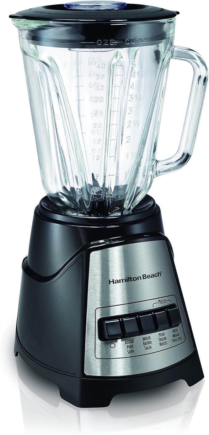 A Hamilton Beach Licuadora Power Elite, con 12 Funciones, Vaso de Vidrio, 1.2 Litros, Negra (58148-MXR).