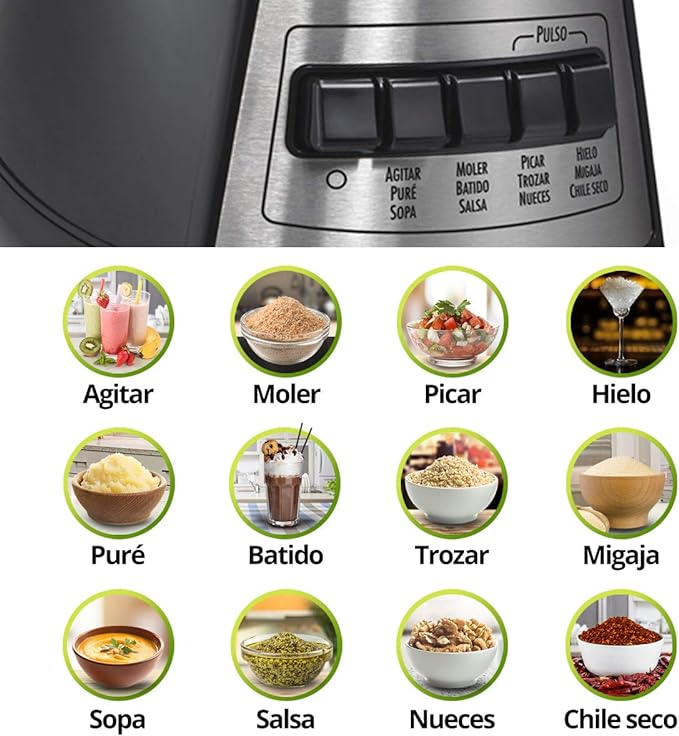 A Hamilton Beach Licuadora Power Elite, con 12 Funciones, Vaso de Vidrio, 1.2 Litros, Negra (58148-MXR).