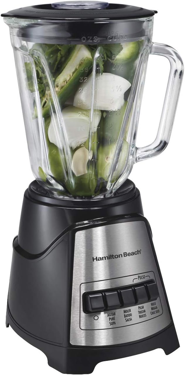 A Hamilton Beach Licuadora Power Elite, con 12 Funciones, Vaso de Vidrio, 1.2 Litros, Negra (58148-MXR).