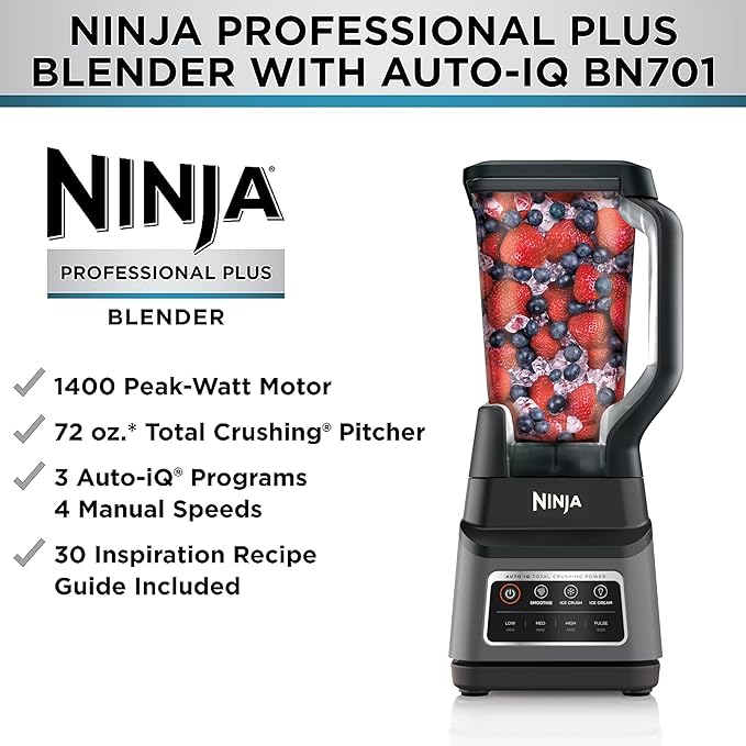 A Ninja - Licuadora BN701 Professional Plus, 1400 vatios máximos, 3 funciones para batidos, bebidas congeladas y helados con Auto IQ, jarra y tapa de trituración total de 72 onzas*, gris oscuro.