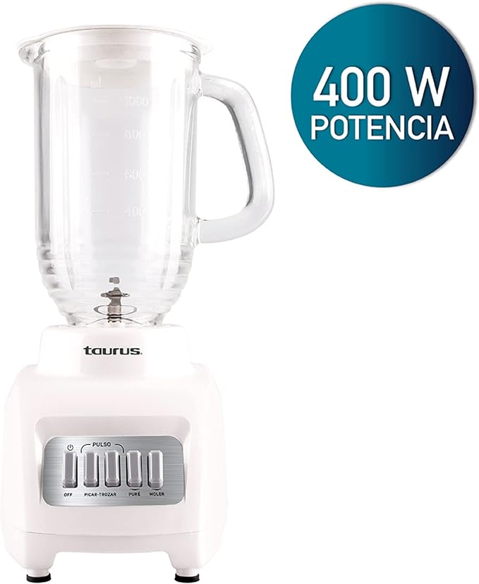 A TAURUS GRANITE | Licuadora de Vidrio de 1L | 400 Watts 4 Velocidades | Cuchillas de Acero Inoxidable Desmontables | Acople Eady Fit y Tapa Hermética con Dosificador.