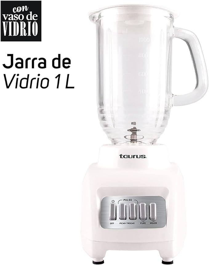 A TAURUS GRANITE | Licuadora de Vidrio de 1L | 400 Watts 4 Velocidades | Cuchillas de Acero Inoxidable Desmontables | Acople Eady Fit y Tapa Hermética con Dosificador.
