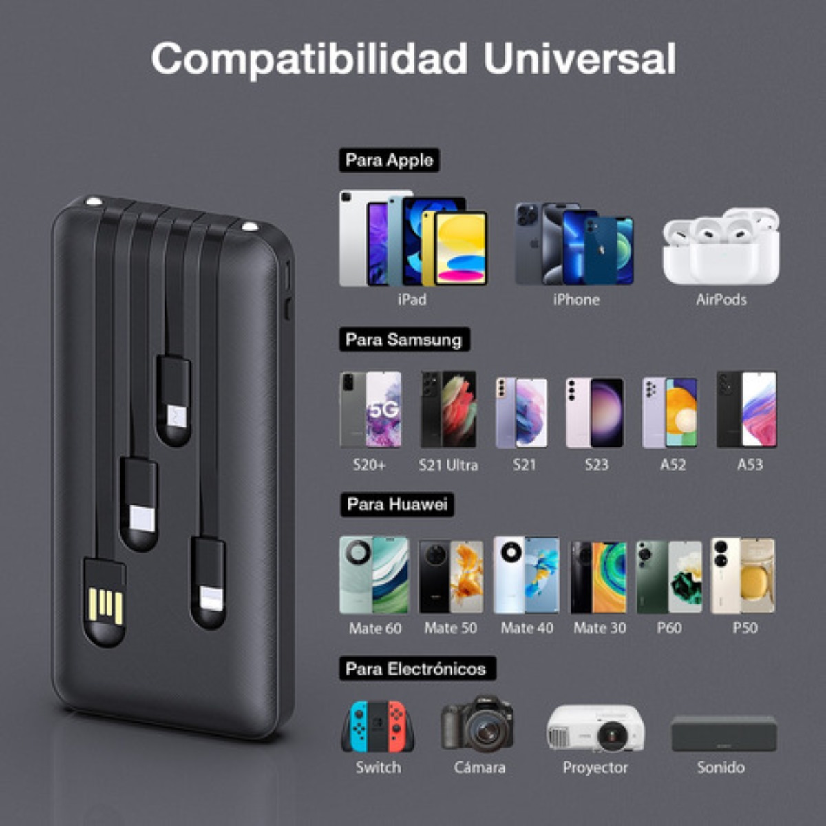 Power Bank 1hora 10000mah Carga 2.1A Bateria Portátil con 4 Cables Micro USB / V8 IP Tipo C GAR148 1hora