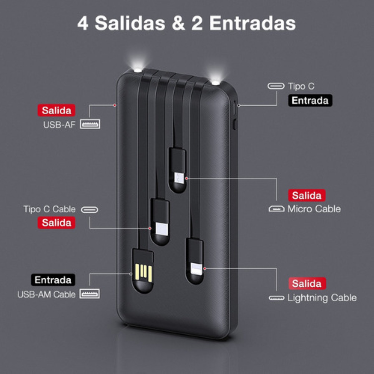 Power Bank 1hora 10000mah Carga 2.1A Bateria Portátil con 4 Cables Micro USB / V8 IP Tipo C GAR148 1hora