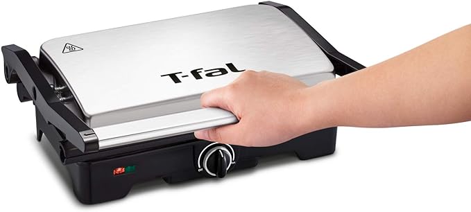 A T-fal Parrilla Panini y Asadora 2 en 1 inoxidable con placas antiadherentes, apertura de 180 grados, cocina carnes, verduras, pescados, o tuesta cualquier tipo de pan, 1850 W, SW332DMX.