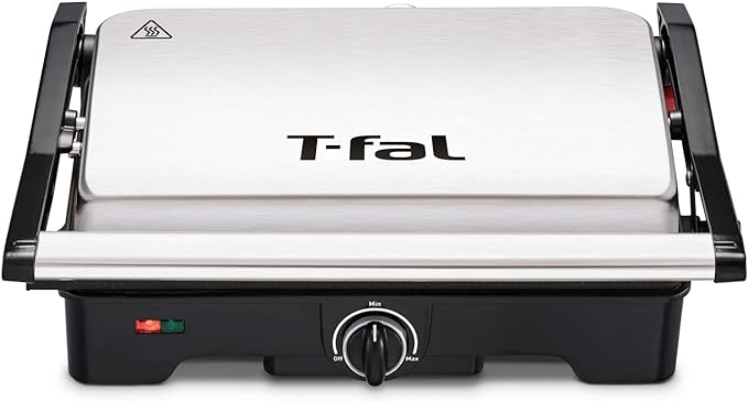 A T-fal Parrilla Panini y Asadora 2 en 1 inoxidable con placas antiadherentes, apertura de 180 grados, cocina carnes, verduras, pescados, o tuesta cualquier tipo de pan, 1850 W, SW332DMX.