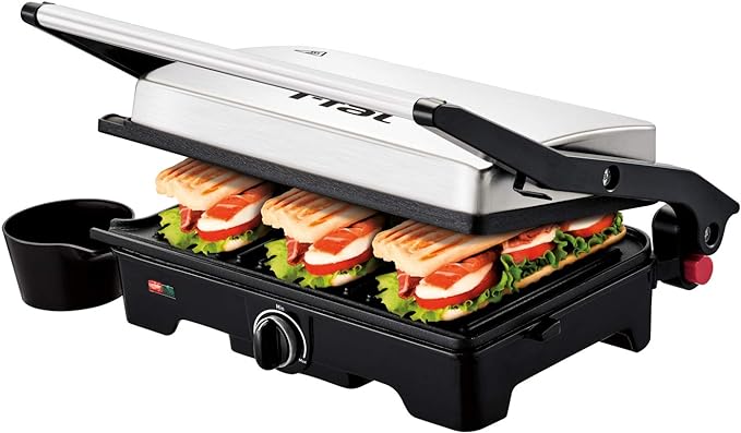 A T-fal Parrilla Panini y Asadora 2 en 1 inoxidable con placas antiadherentes, apertura de 180 grados, cocina carnes, verduras, pescados, o tuesta cualquier tipo de pan, 1850 W, SW332DMX.