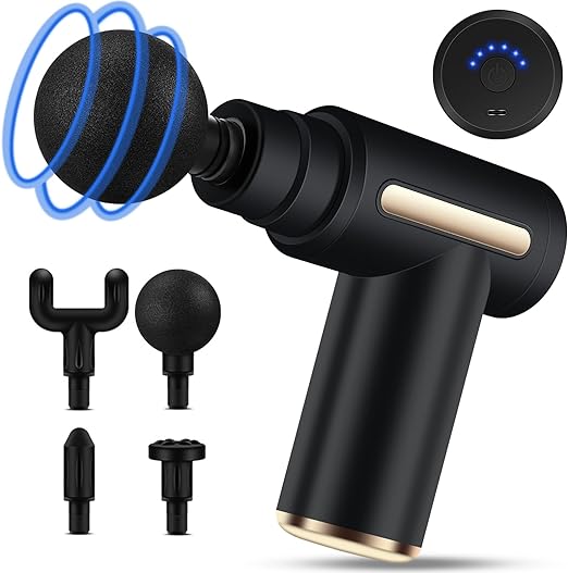 ML Pistola Masajeadora Uplayteck Masajeador Portatil Muscular Mini Masajeador de Tejido Profundo Ajustables Massage Gun Portátil 4 Cabezales de Masaje para Relajar Los Músculos Aliviar el Dolor (Negro).