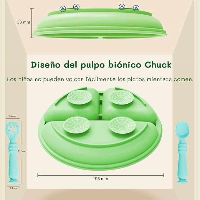 A Platos para Bebe, Plato Bebé de Silicona con Ventosa, Antideslizante, Fácil de Limpiar, Apto para Microondas, Sin BPA, Hay 2 Cucharas de Entrenamiento para Bebes. (Verde).