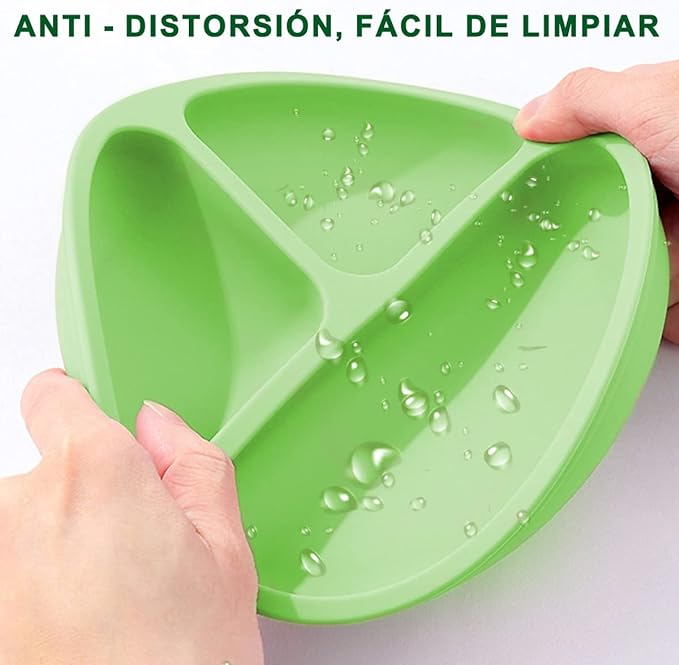A Platos para Bebe, Plato Bebé de Silicona con Ventosa, Antideslizante, Fácil de Limpiar, Apto para Microondas, Sin BPA, Hay 2 Cucharas de Entrenamiento para Bebes. (Verde).