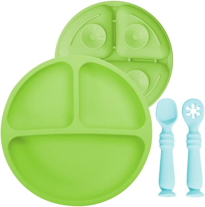 A Platos para Bebe, Plato Bebé de Silicona con Ventosa, Antideslizante, Fácil de Limpiar, Apto para Microondas, Sin BPA, Hay 2 Cucharas de Entrenamiento para Bebes. (Verde).