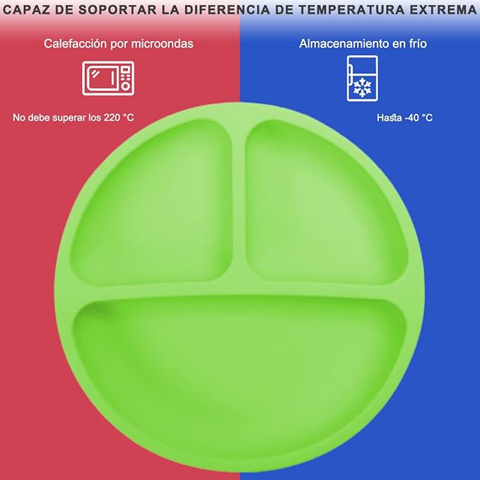 A Platos para Bebe, Plato Bebé de Silicona con Ventosa, Antideslizante, Fácil de Limpiar, Apto para Microondas, Sin BPA, Hay 2 Cucharas de Entrenamiento para Bebes. (Verde).