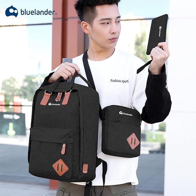 A Bluelander Mochila 3 en 1, Mochila para Laptop, Mochila Cruzada y Lapicera, Mochila para Viaje con Puerto USB, Mochila para Hombre, Mujer Múltiples Compartimentos,Set de 3 Piezas.