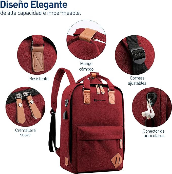A Bluelander Mochila Roja 3 en 1, Mochila para Laptop, Mochila Cruzada y Lapicera, Mochila para Viaje con Puerto USB, Mochila para Hombre, Mujer Múltiples Compartimentos, Set de 3 Piezas.