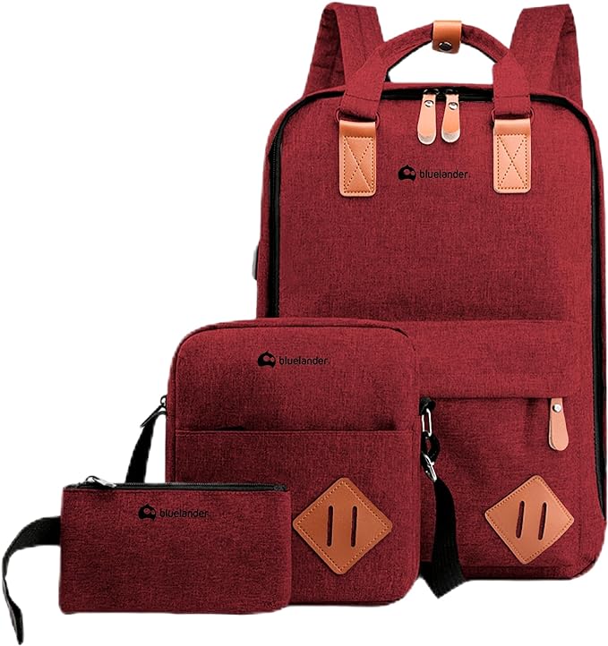A Bluelander Mochila Roja 3 en 1, Mochila para Laptop, Mochila Cruzada y Lapicera, Mochila para Viaje con Puerto USB, Mochila para Hombre, Mujer Múltiples Compartimentos, Set de 3 Piezas.