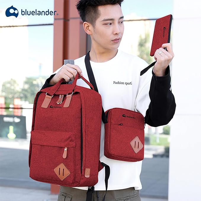 A Bluelander Mochila Roja 3 en 1, Mochila para Laptop, Mochila Cruzada y Lapicera, Mochila para Viaje con Puerto USB, Mochila para Hombre, Mujer Múltiples Compartimentos, Set de 3 Piezas.