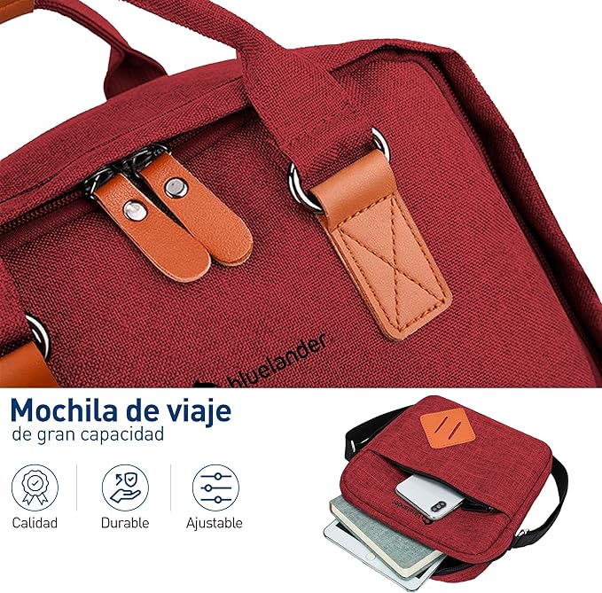 A Bluelander Mochila Roja 3 en 1, Mochila para Laptop, Mochila Cruzada y Lapicera, Mochila para Viaje con Puerto USB, Mochila para Hombre, Mujer Múltiples Compartimentos, Set de 3 Piezas.