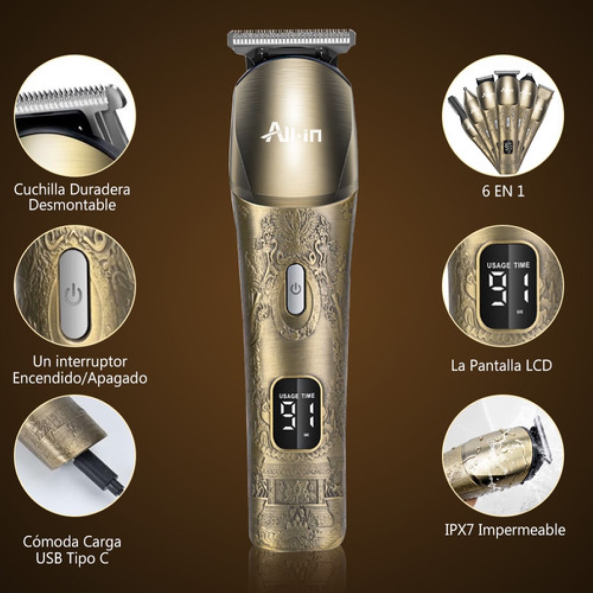 "All-in® Rasuradora Eléctrica Barba Afeitadora 11 En 1 Metal Dorada ".