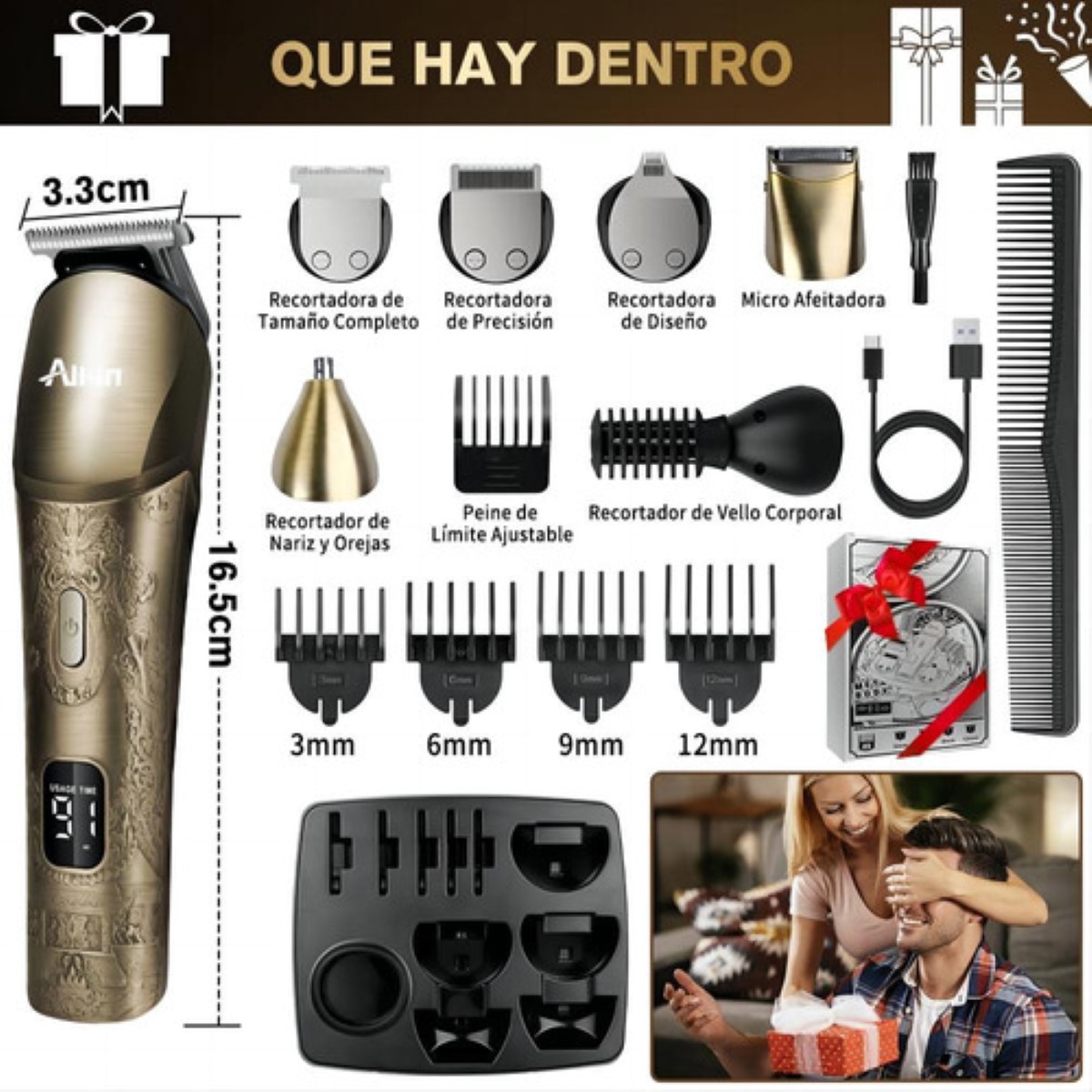 "All-in® Rasuradora Eléctrica Barba Afeitadora 11 En 1 Metal Dorada ".