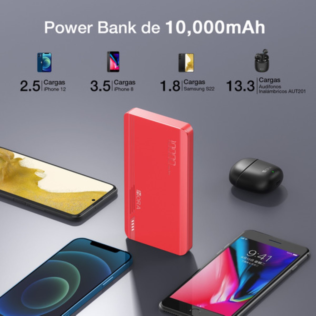 Power Bank Batería Portátil 10000mah 2.1a Carga Bateria Portatil Con 2 Puerto Roja