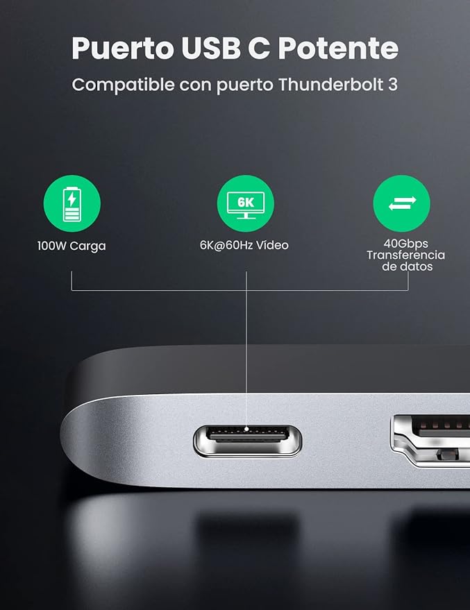 UGREEN Hub USB C para MacBook Pro Air, USB C Hub a HDMI 4K, 3 USB 3.0 para Thunderbolt 3, 100W PD Carga para Macbook Air/Pro M1 15" 13" 2021 2020 2019 2018 2017 2016, Plateado.