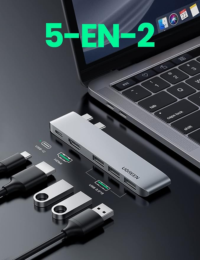 UGREEN Hub USB C para MacBook Pro Air, USB C Hub a HDMI 4K, 3 USB 3.0 para Thunderbolt 3, 100W PD Carga para Macbook Air/Pro M1 15" 13" 2021 2020 2019 2018 2017 2016, Plateado.