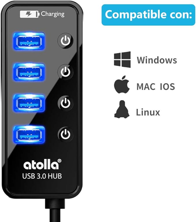 atolla Hub USB 3.0 5 en 1, 4 Puertos Super Speed 5Gbps Multi USB Hub con Interruptor Independiente