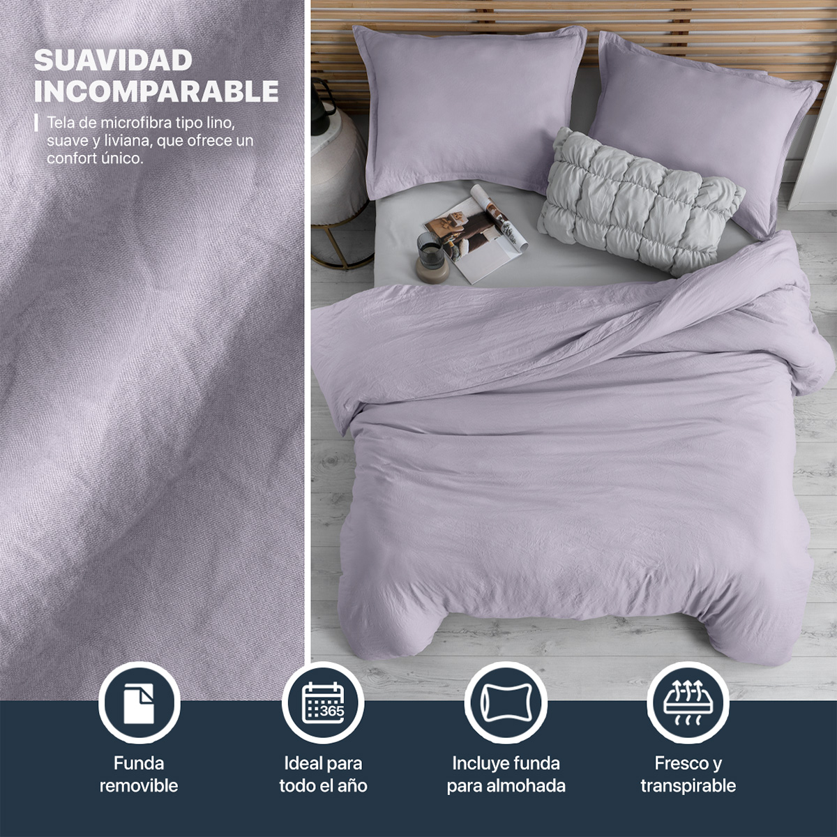 Funda para Duvet Microfibra Acabado Prelavado Sin Relleno más Fundas de Almohada King Size Lila Esquimal.