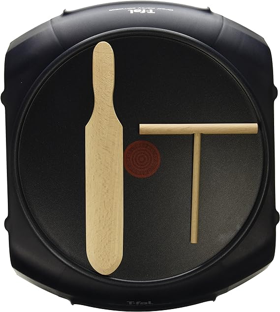 T-fal Crepera eléctrica con antiadherente Crep'party Compact negra con Thermo-Spot, incluye esparcidor de masa y espátula de madera, PY301072.