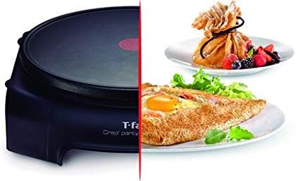 T-fal Crepera eléctrica con antiadherente Crep'party Compact negra con Thermo-Spot, incluye esparcidor de masa y espátula de madera, PY301072.