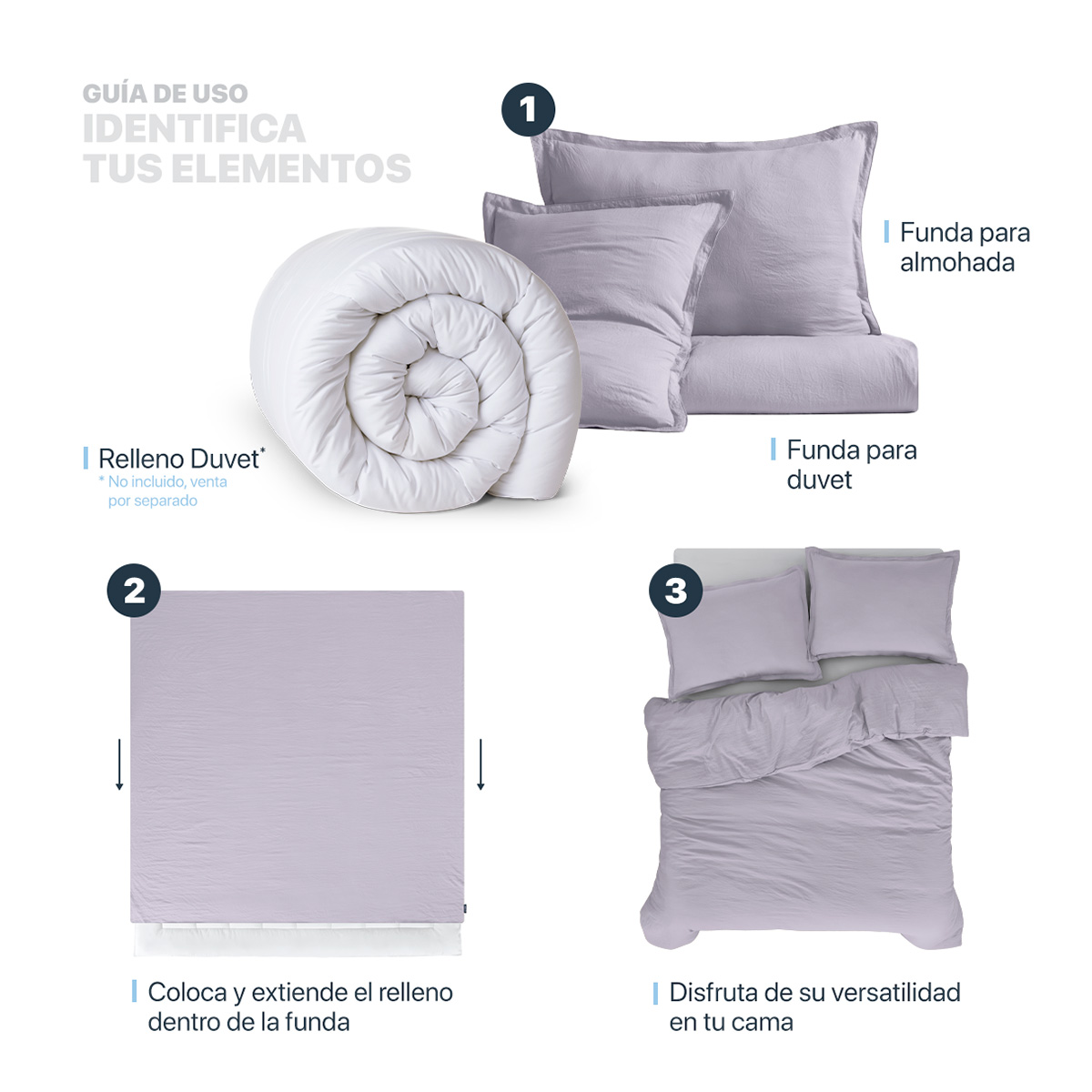 Funda para Duvet Microfibra Acabado Prelavado Sin Relleno más Fundas de Almohada King Size Lila Esquimal.