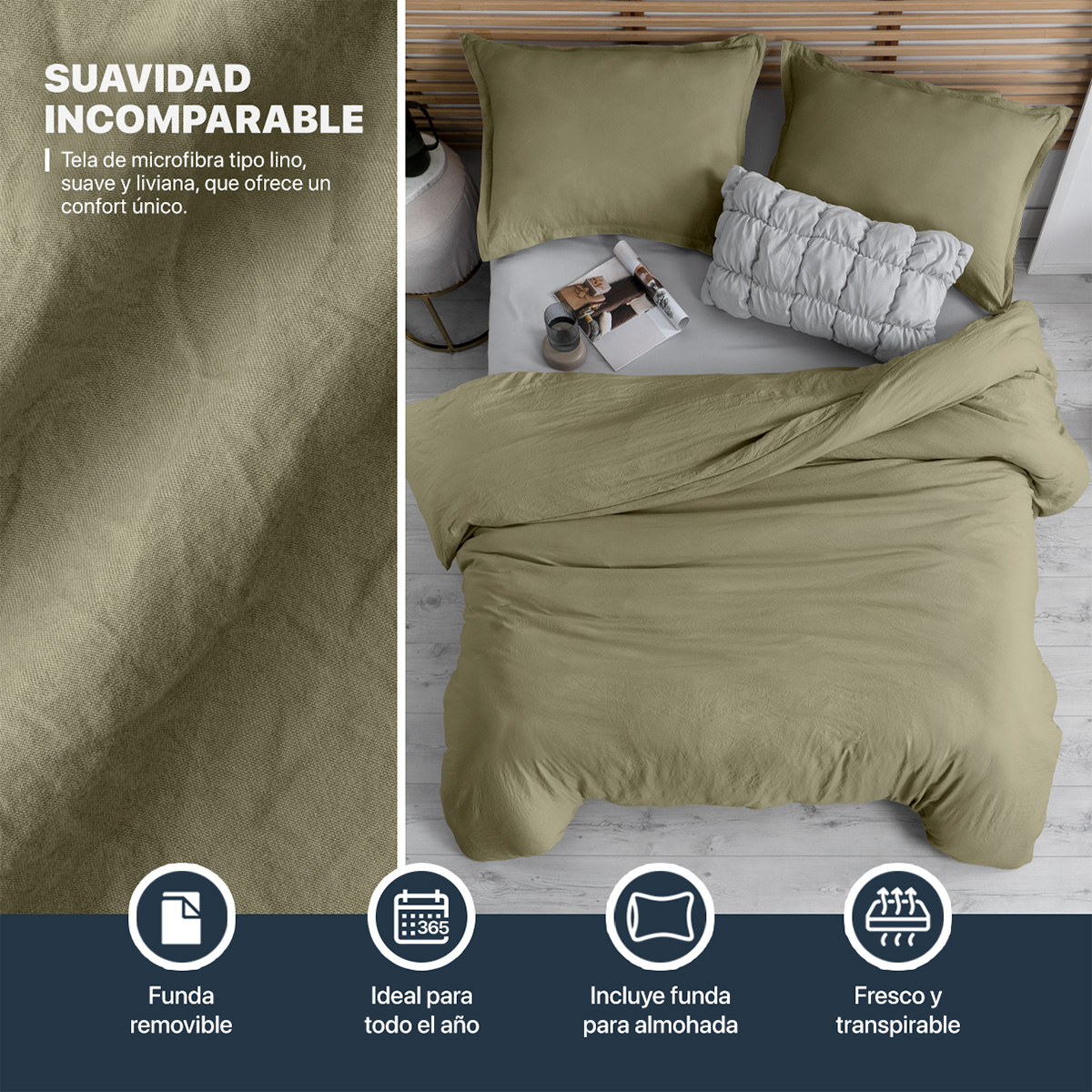 Funda para Duvet Microfibra Acabado Prelavado Sin Relleno más Fundas de Almohada Individual Verde Esquimal.