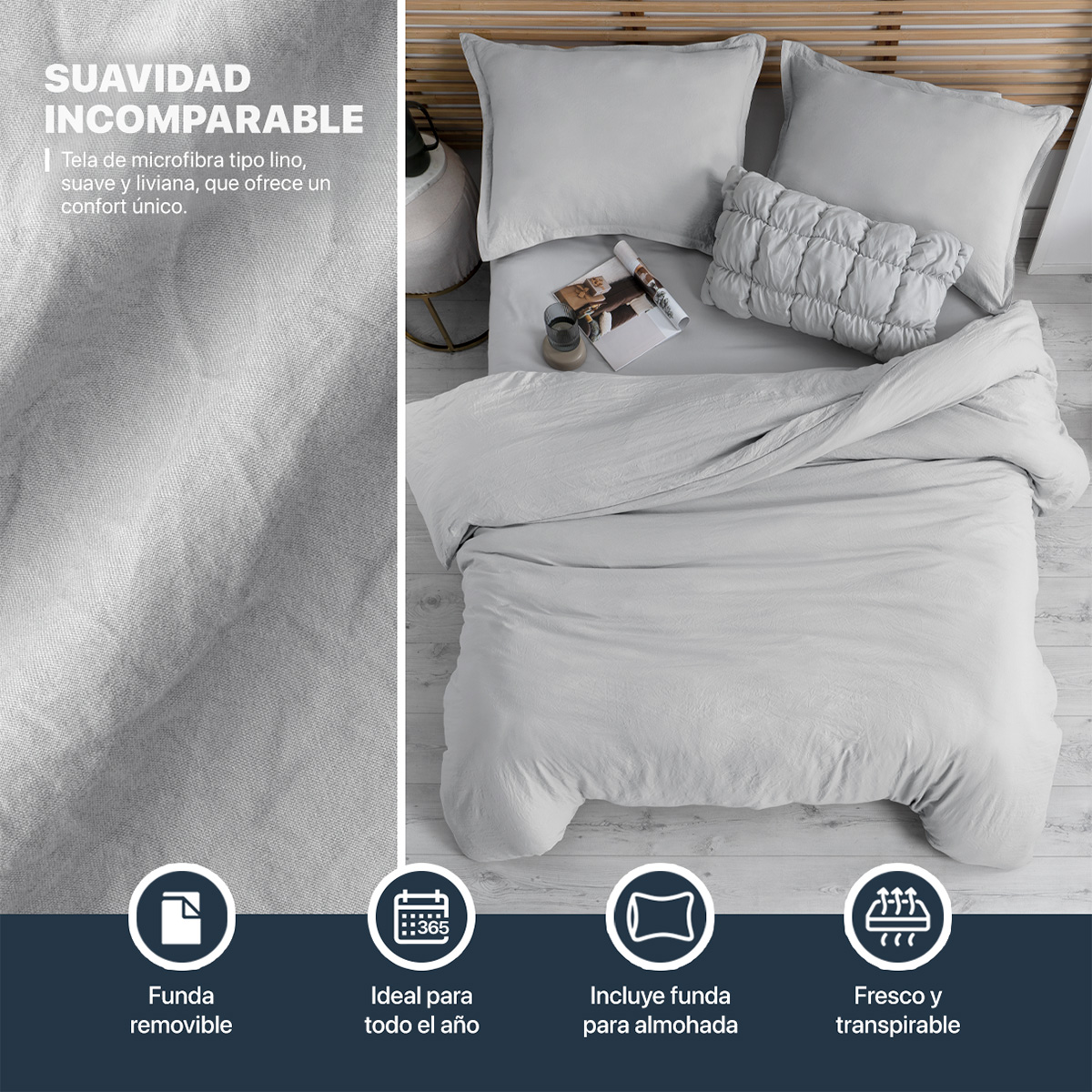 Funda para Duvet Microfibra Acabado Prelavado Sin Relleno más Fundas de Almohada Individual Gris Claro Esquimal.