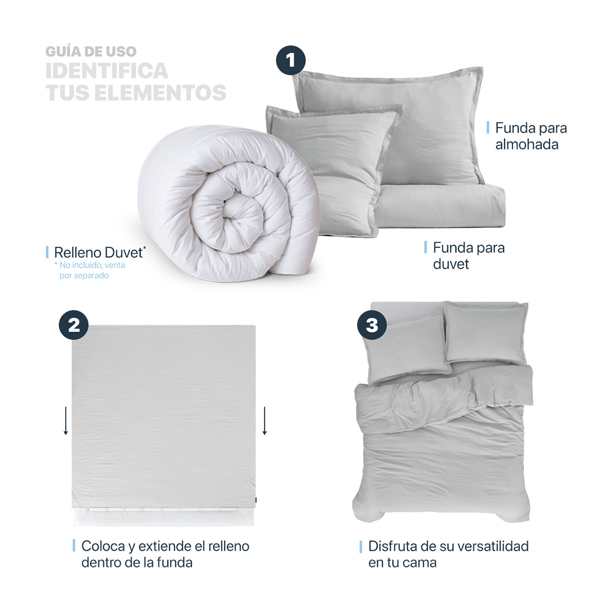 Funda para Duvet Microfibra Acabado Prelavado Sin Relleno más Fundas de Almohada Individual Gris Claro Esquimal.