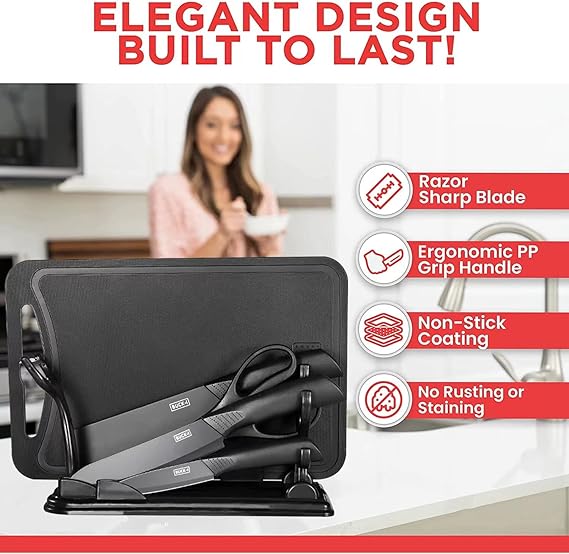 Juego De Cuchillos De Cocina Multifuncional, 8 Piezas Set de Cuchillos con Base,Cuchillo de Acero Inoxidable Negro