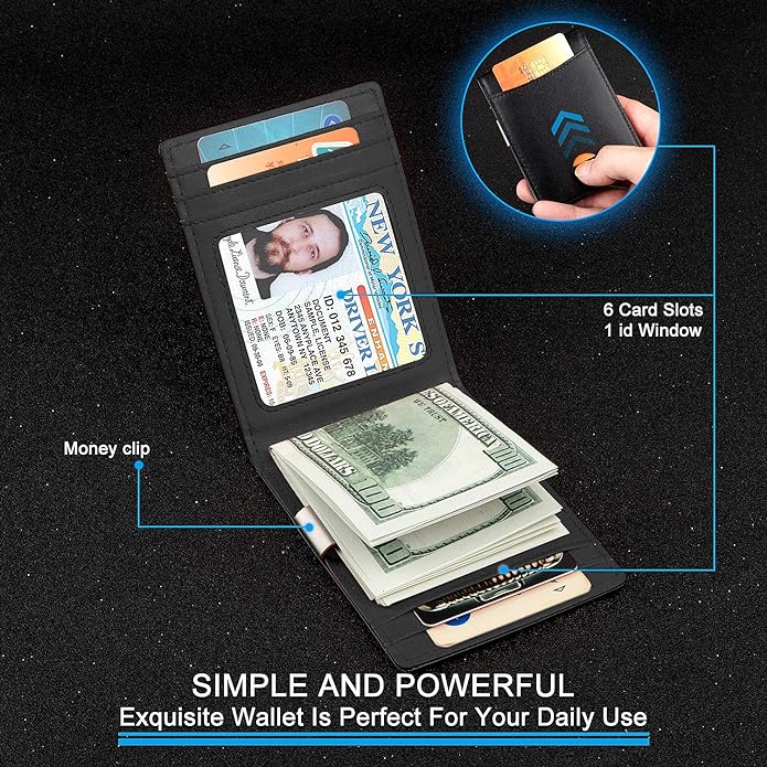 A Carteras para Hombre RFID que Bloquean el Dinero Clip de Doble Pliegue Delgado Genuino Billetera de Cuero para Hombres con Ranura para Tarjeta de Crédito en La ventana con ID De bolsillo.