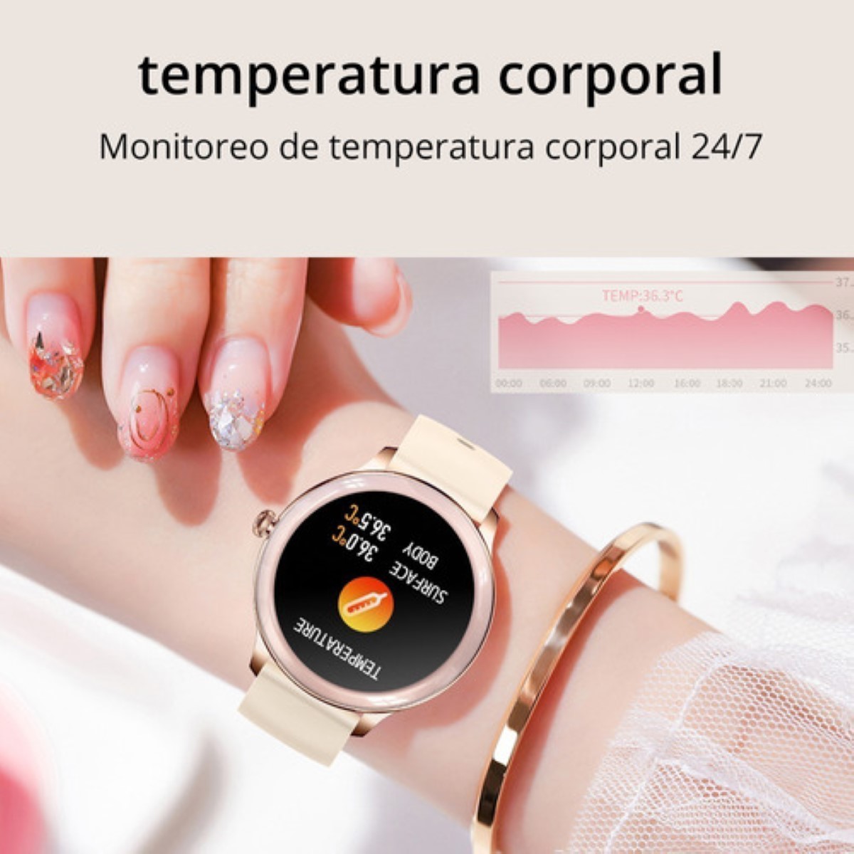 Reloj Inteligente Mujer Con Temperatura Smartwatch beige bisel rosa