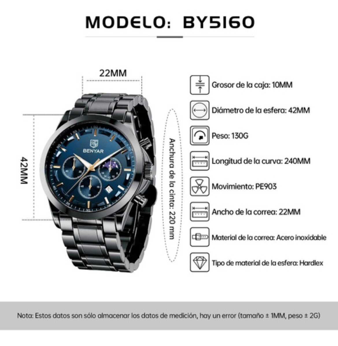 Reloj De Pulsera Benyar Original Impermeable Para Hombre Negro