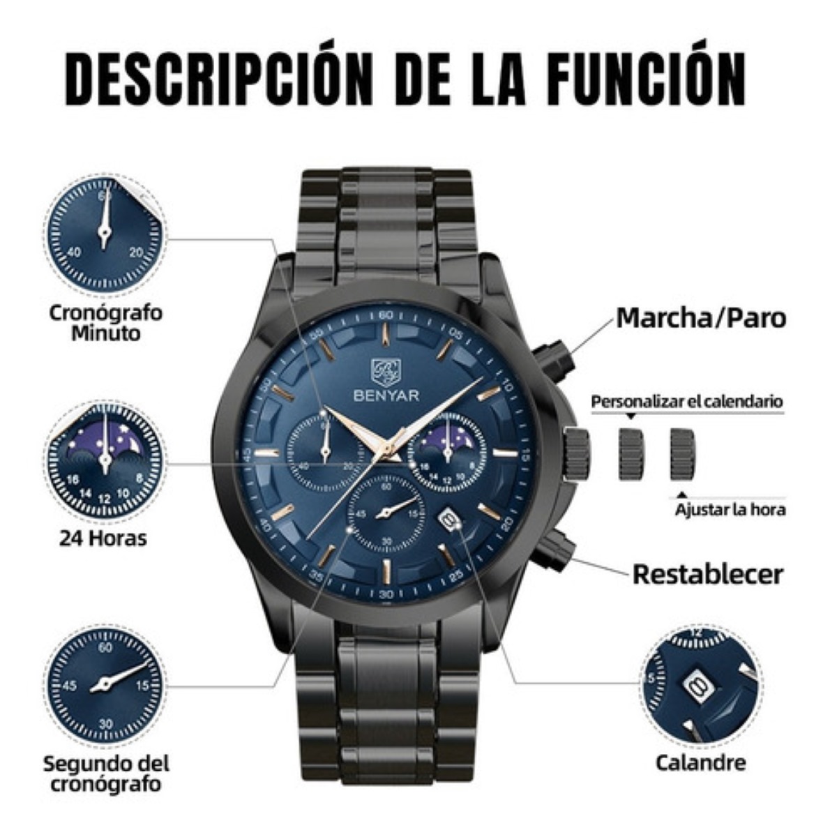Reloj De Pulsera Benyar Original Impermeable Para Hombre Negro