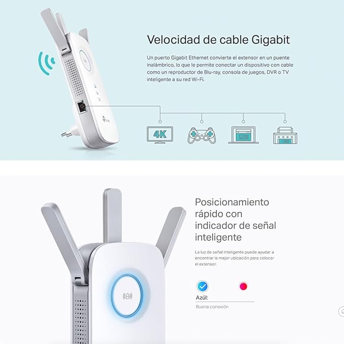 TP-Link RE450 Extensor de Rango de Repetidor WiFi de Banda Dual Universal, 3 Antenas Externas, Puerto Gigabit Ethernet, AC1750, Modo AP Compatible, Blanco.