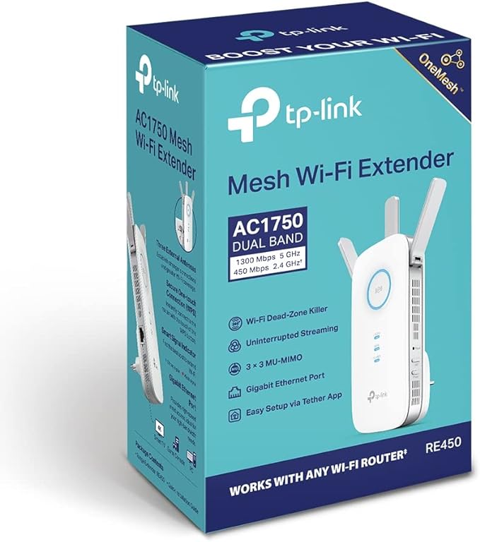 TP-Link RE450 Extensor de Rango de Repetidor WiFi de Banda Dual Universal, 3 Antenas Externas, Puerto Gigabit Ethernet, AC1750, Modo AP Compatible, Blanco.