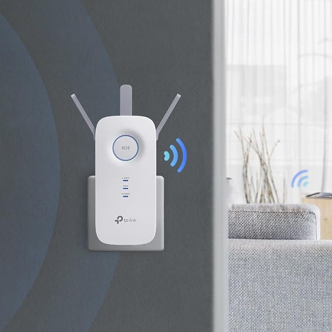 TP-Link RE450 Extensor de Rango de Repetidor WiFi de Banda Dual Universal, 3 Antenas Externas, Puerto Gigabit Ethernet, AC1750, Modo AP Compatible, Blanco.