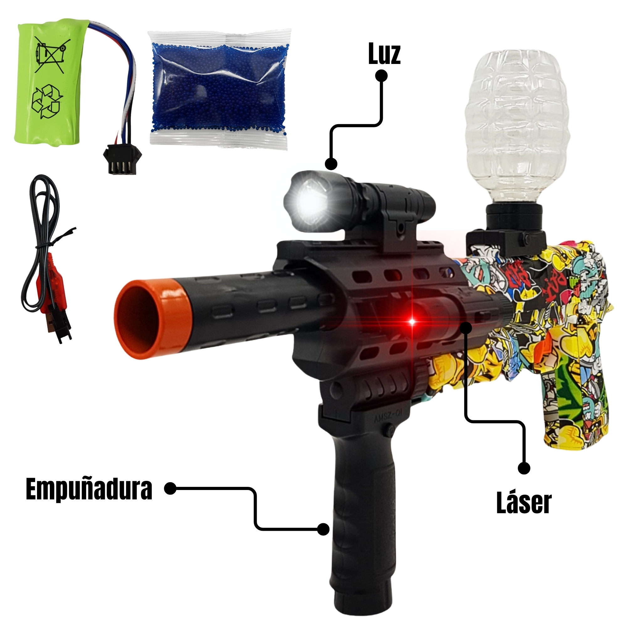 Pistola de Hidrogel con 5000 bolitas de gel con bateria,lentes - Amarillo.