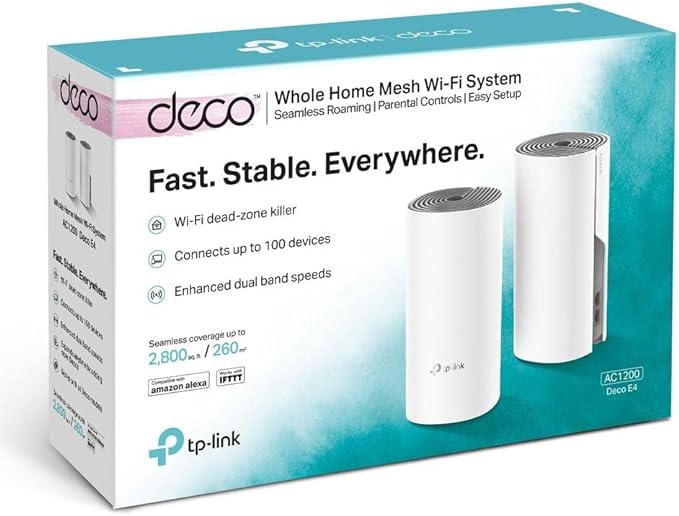 TP-Link Deco Sistema WiFi Mesh (o en malla) para todo el hogar: alcanza hasta 867 Mbps, itinerancia sin interrupciones, cobertura de hasta 2800 pies cuadrados.Funciona con Alexa.Blanco(Deco E4 2 Pack).