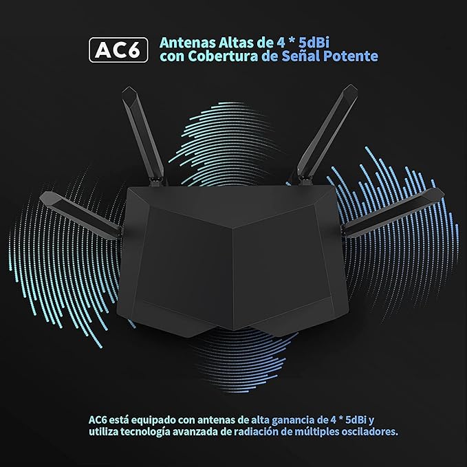 Tenda AC6 WiFi Router Inalámbrico Inteligente, Enrutador AC1200, Doble Banda de 2.4G y 5G, 4 Antenas Externas de 5dBi, MU-MIMO, Beamforming, Ahorro de Energía, Configuración Fácil, Negro.